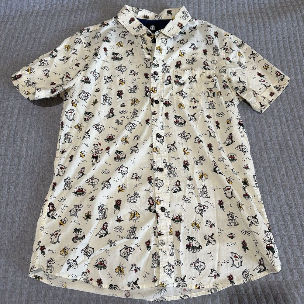 Element Men’s M White Tattoo Graphic Cotton Short Sleeve Button-Up Party Shirt